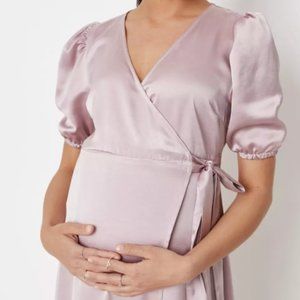 Missguided Pink Satin Wrap Maternity Midaxi